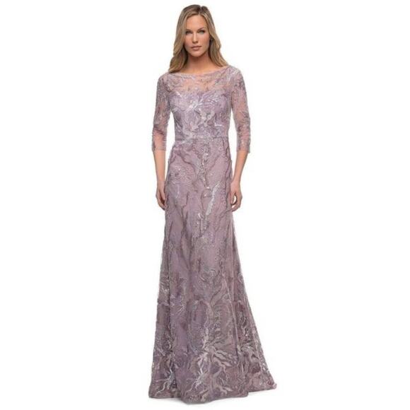 La Femme 29233 Embroidered A-line Gown Icy Mauve Sheer Sleeve Size 12 NWOT - Picture 1 of 12